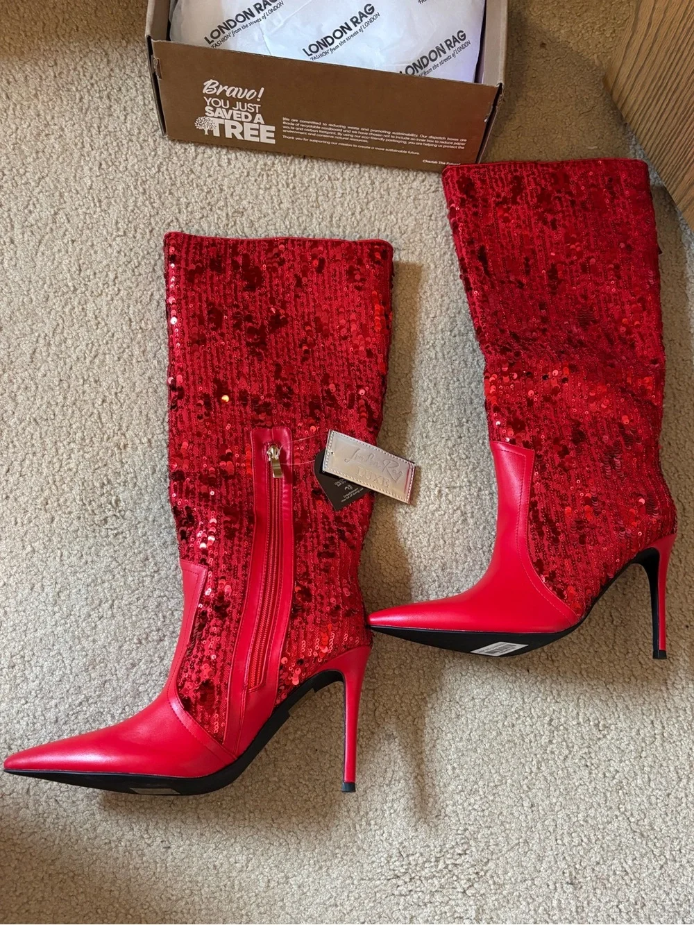Red Sequin Over-the-Knee Stiletto Boots